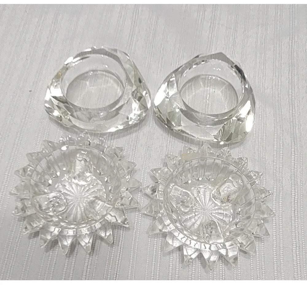 Vintage Cut Glass Candle Holders 2 Sets Faceted Geometric & Sunburst Votive 4pc